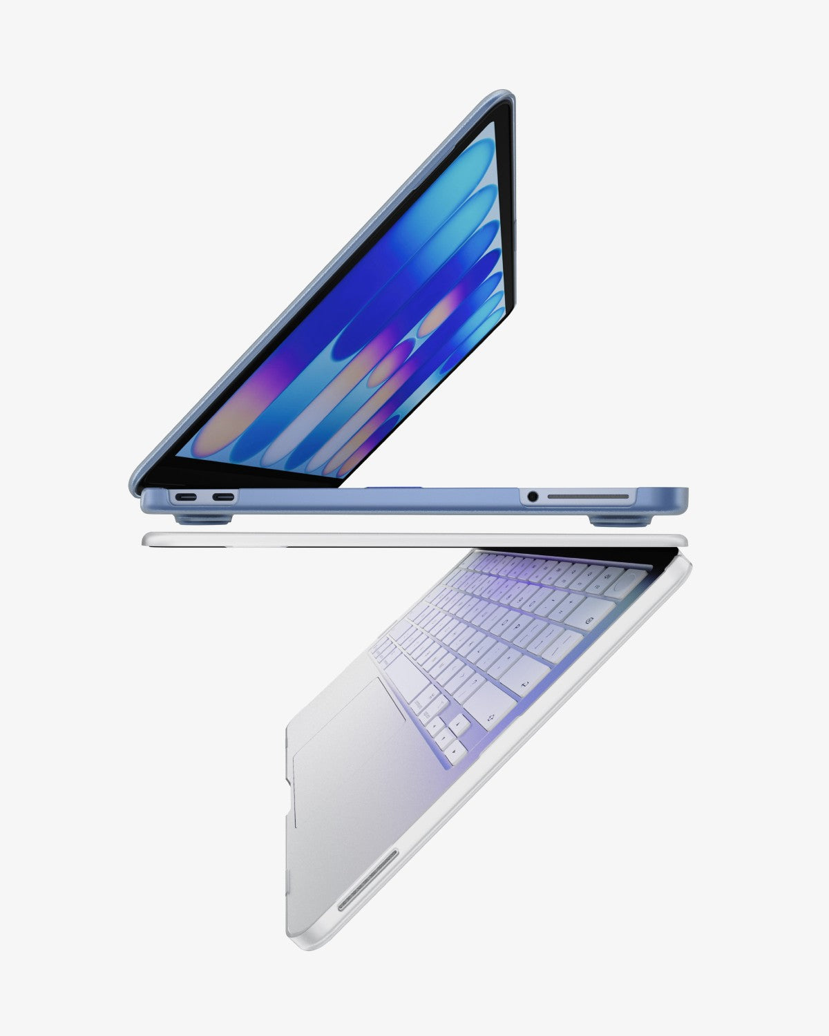 Two MacBook Neo laptops in translucent GhostShell Frost cases, half open and stacked