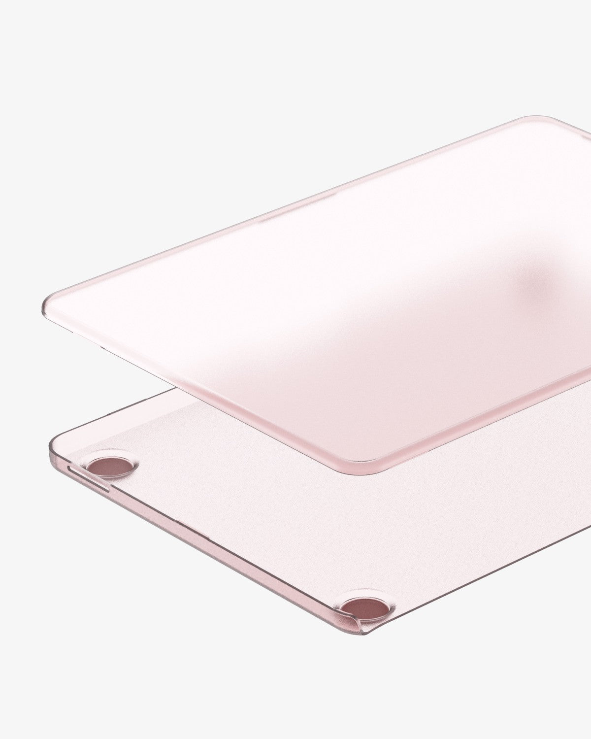 Top and bottom halves of a translucent Blush GhostShell Frost case for MacBook Neo, shown its color and thin profile
