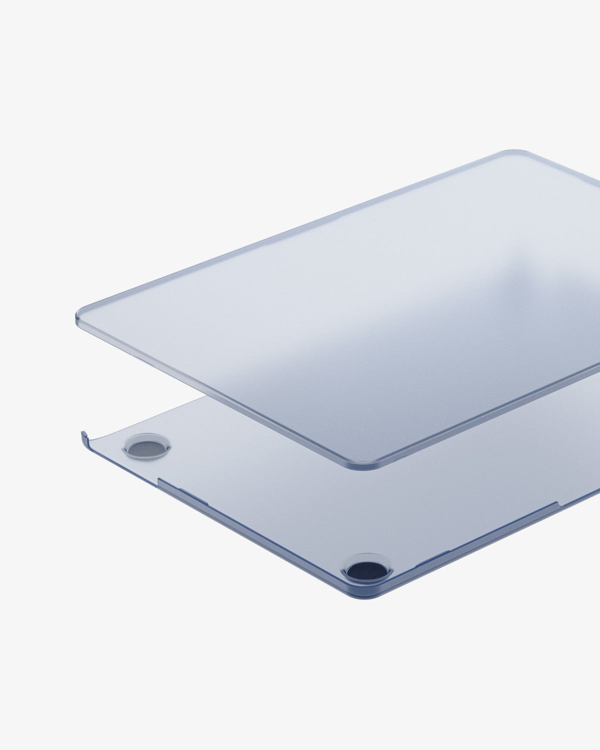 Top and bottom halves of a translucent Midnight GhostShell Frost case for MacBook Air, shown its thin profile