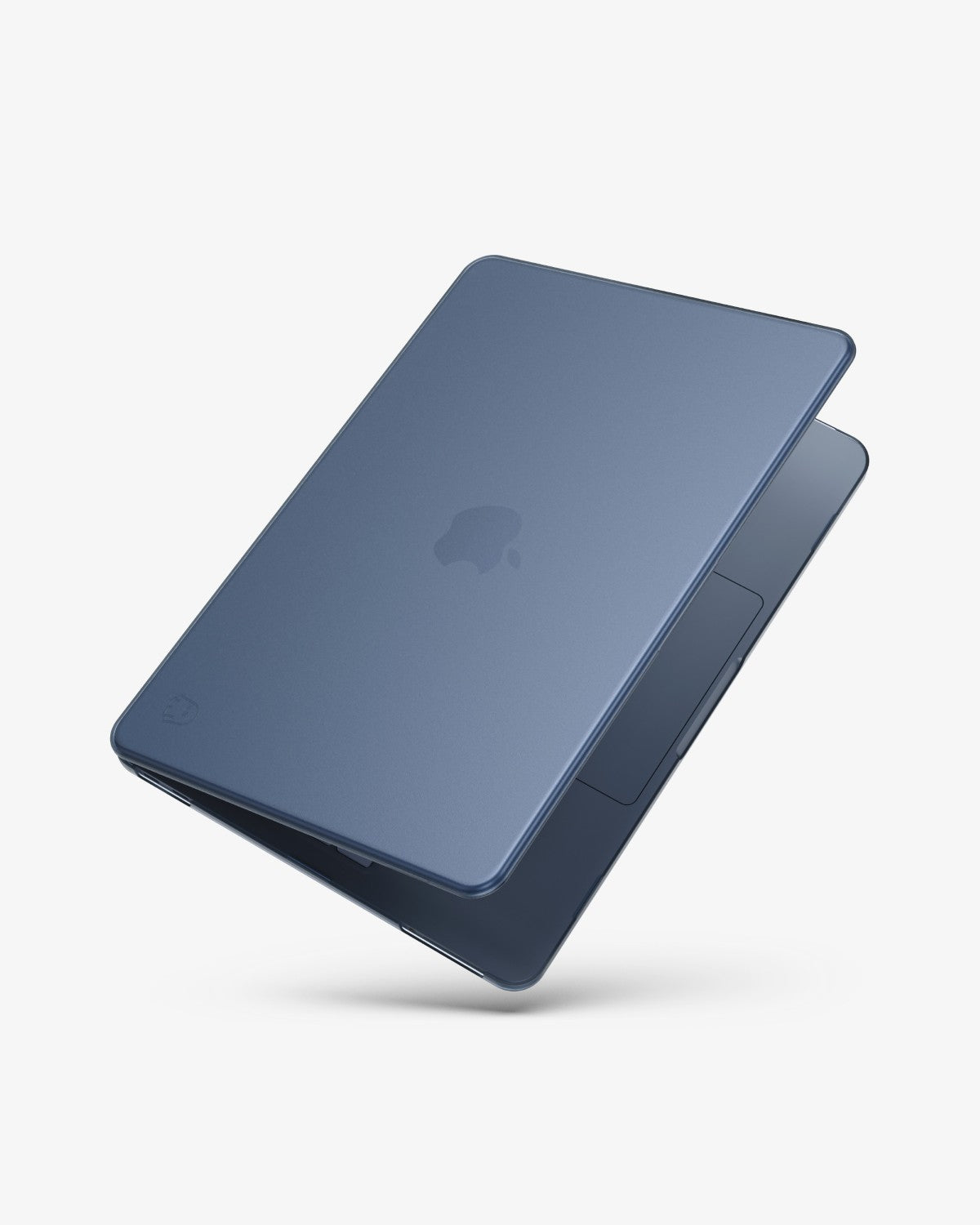 An indigo MacBook Neo in a translucent Indigo GhostShell Frost hardshell case