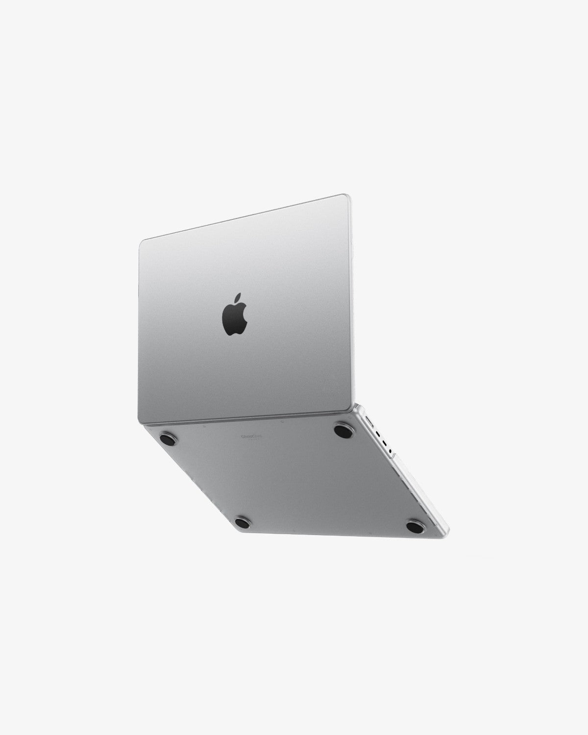 A silver MacBoo in a clear GhostShell Frost hardshell case