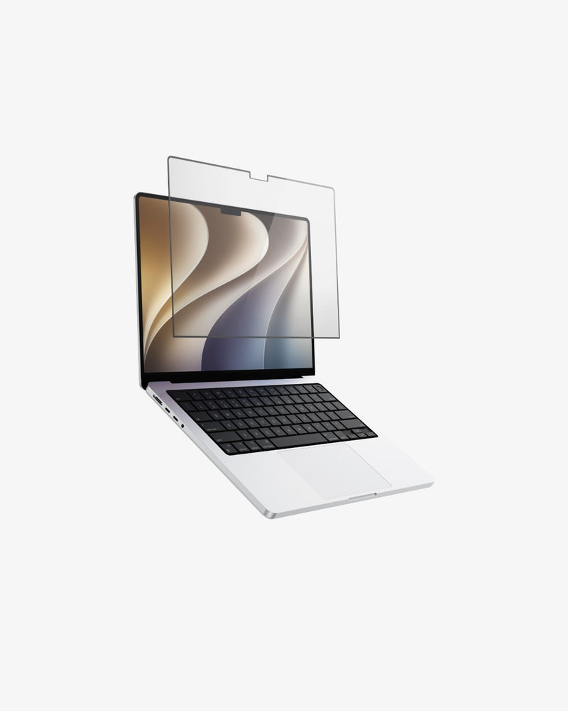 Silver MacBook Pro with a clear GhostView detachable screen protector lifting away from the display