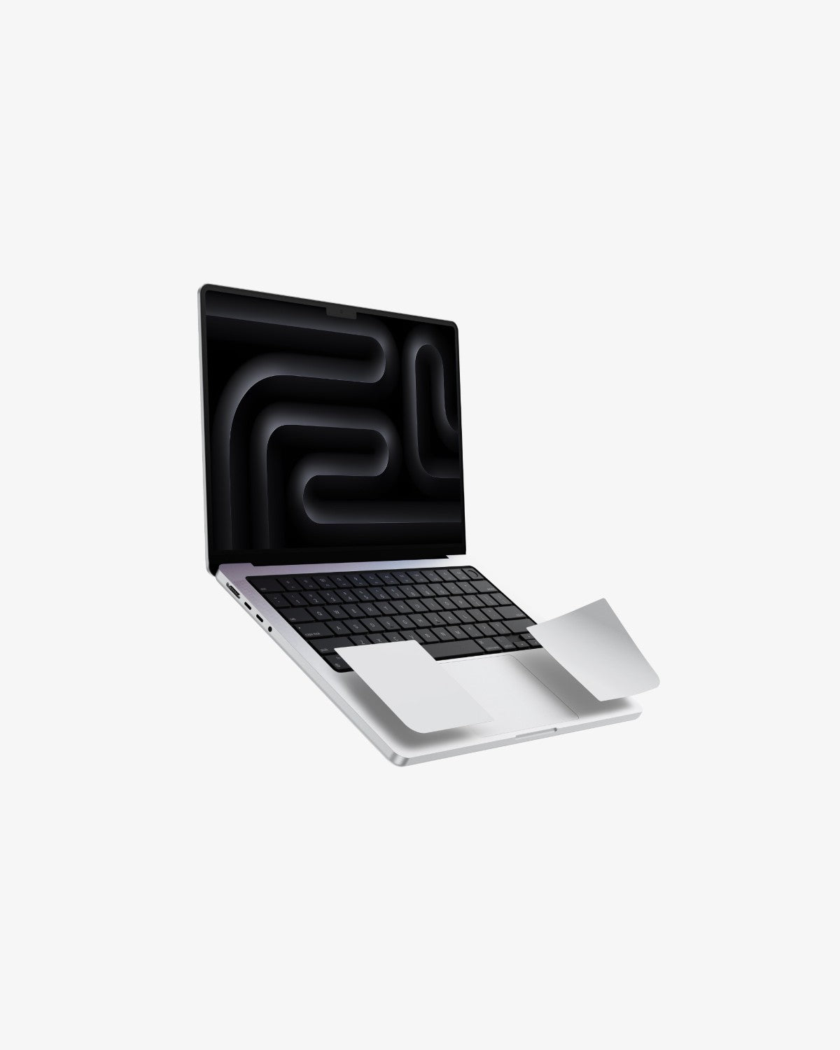 Silver MacBook Pro 14 with GhostShield palm rest protector, one corner lifted to show the skin